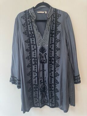Soft Surroundings Gray Black Embroidered Witchy Long Paisley Embellished Tunic M